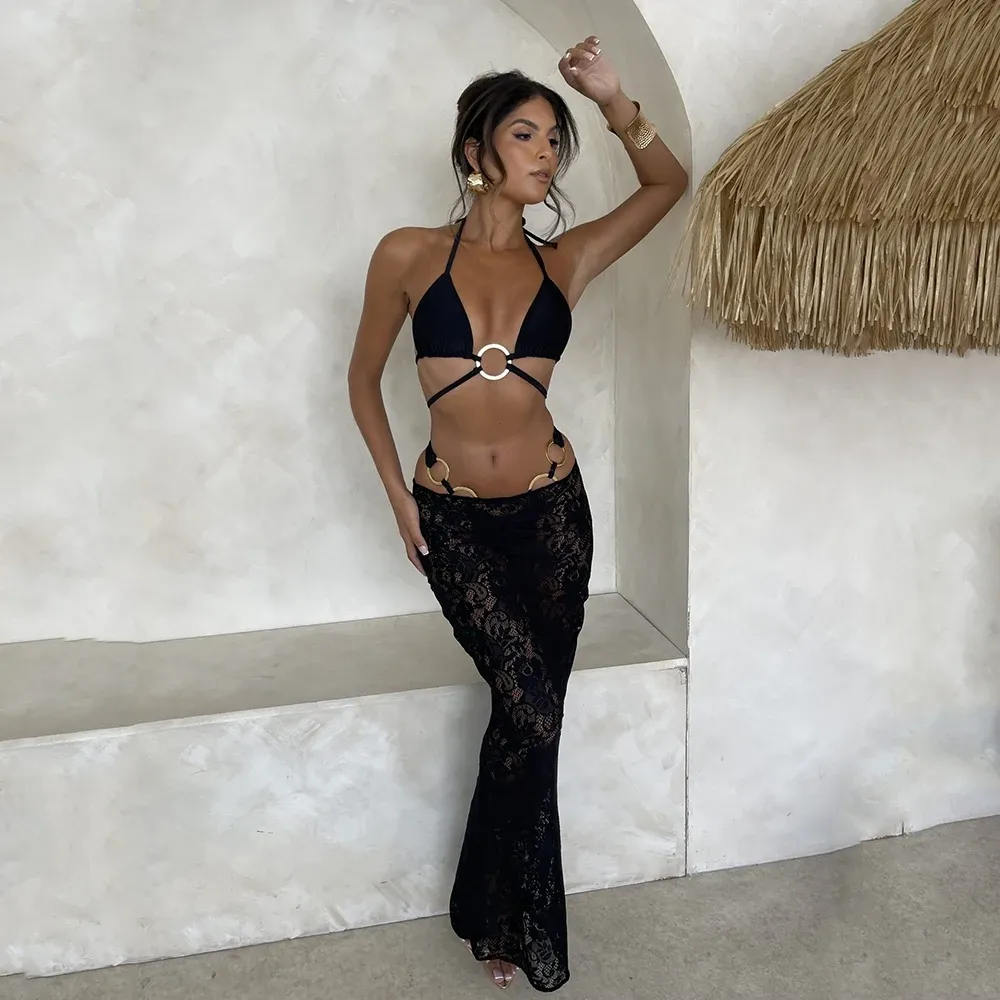 Black Triangle 3 Piece Bikini & Cover Up Set