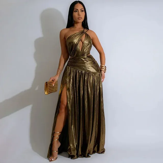 Metallic Cut Out Ruched Pleated High Split Maxi Dress