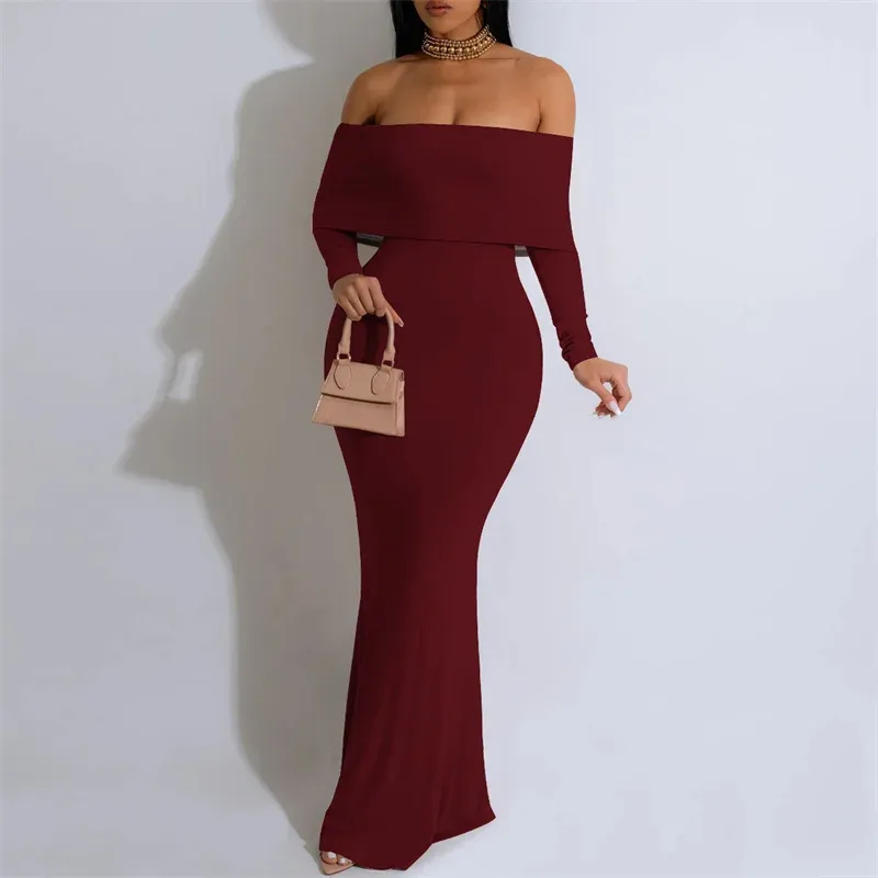 Off Shoulder Long Sleeve Bodycon Maxi Dress