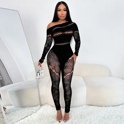 Sexy See Through Lace Jumpsuit Women One Shoulder Night Club Outfit Birthday Skinny Long Sleeve Bodycon Jumpsuits Womens Romper