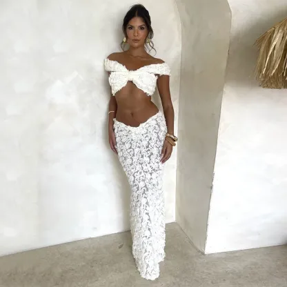 White Lace 3 Piece Bikini With Lace Skirt Set