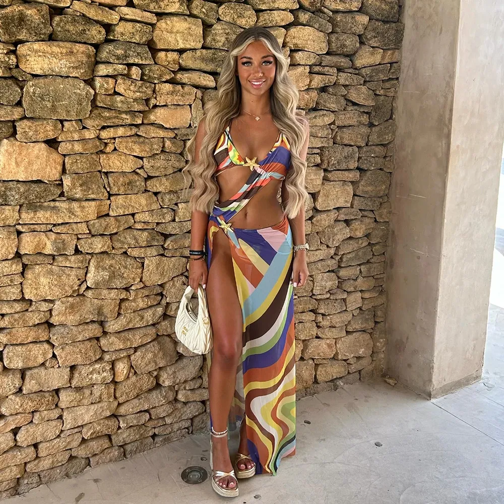 Multicolor Stripe Print 3 Piece Bikini Set Cover Up