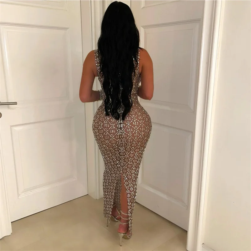 Sparkly Rhinestone Diamond Mesh Bodycon Maxi Dress