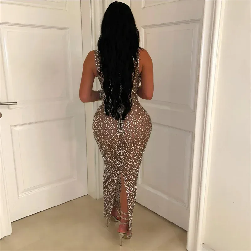 Sparkly Rhinestone Diamond Mesh Bodycon Maxi Dress