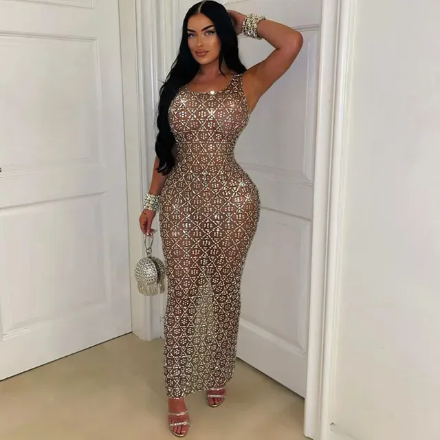 Sparkly Rhinestone Diamond Mesh Bodycon Maxi Dress