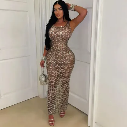 Sparkly Rhinestone Diamond Mesh Bodycon Maxi Dress