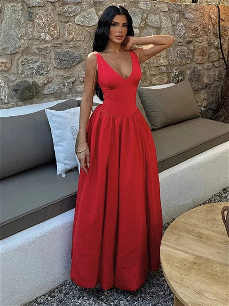 V-Neck Long Pleated Patchwork Elegant Long Summer Holiday Maxi Dress