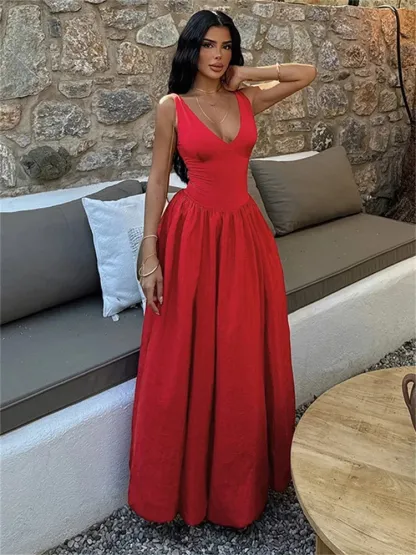 V-Neck Long Pleated Patchwork Elegant Long Summer Holiday Maxi Dress
