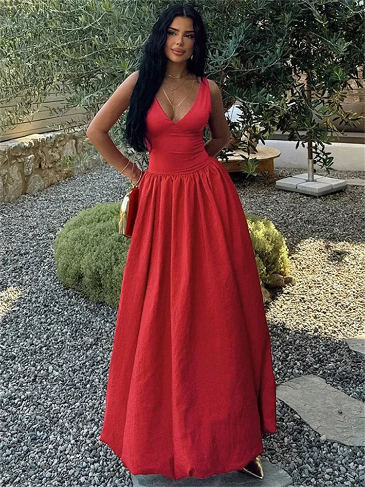 V-Neck Long Pleated Patchwork Elegant Long Summer Holiday Maxi Dress