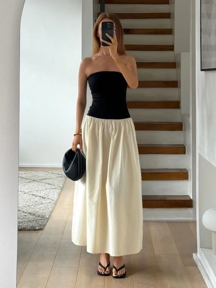 Patchwork Strapless Sleeveless Contrast Color A-Line Maxi Dress