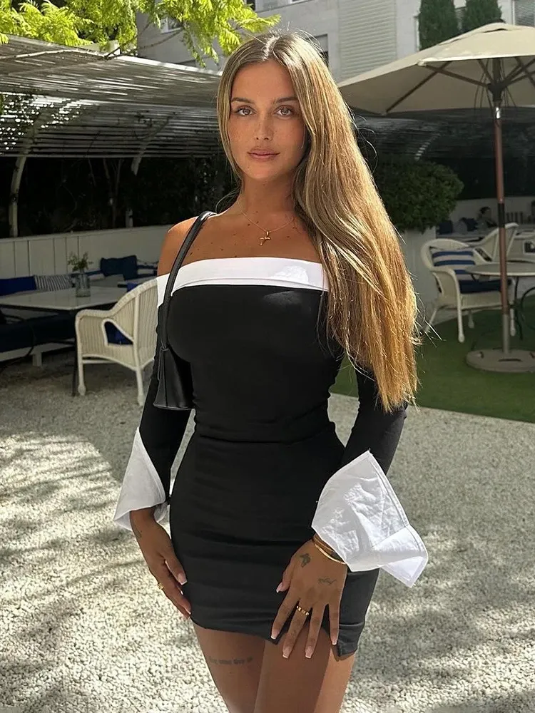 Black White Patchwork Long Sleeve Mini Dress