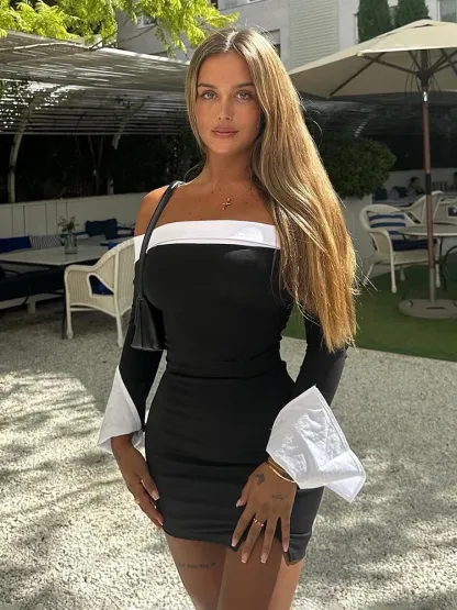 Black White Patchwork Long Sleeve Mini Dress