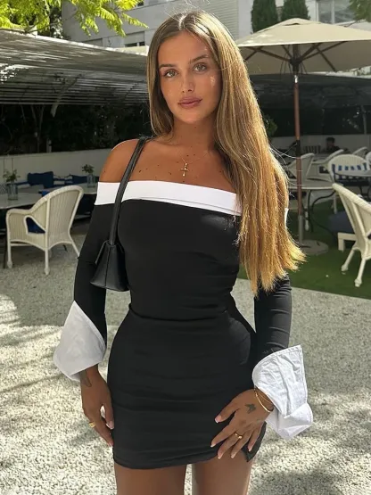 Black White Patchwork Long Sleeve Mini Dress