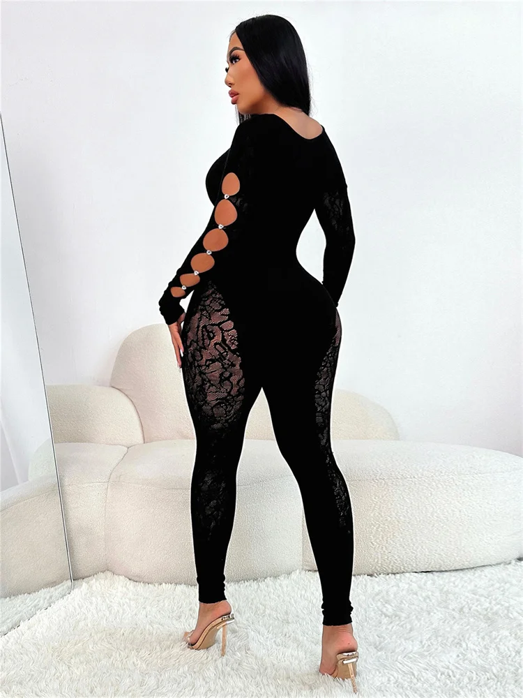 Rhinestone Mesh Long Sleeve Bodycon Jumpsuit