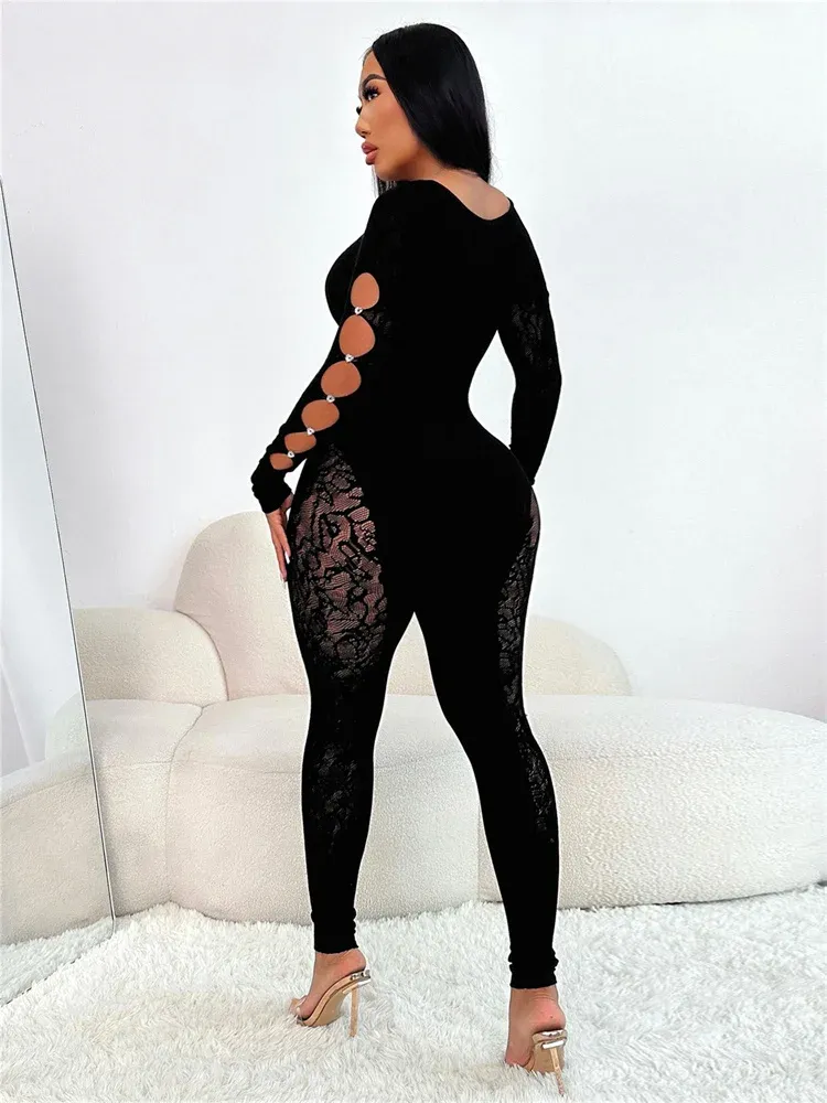 Rhinestone Mesh Long Sleeve Bodycon Jumpsuit