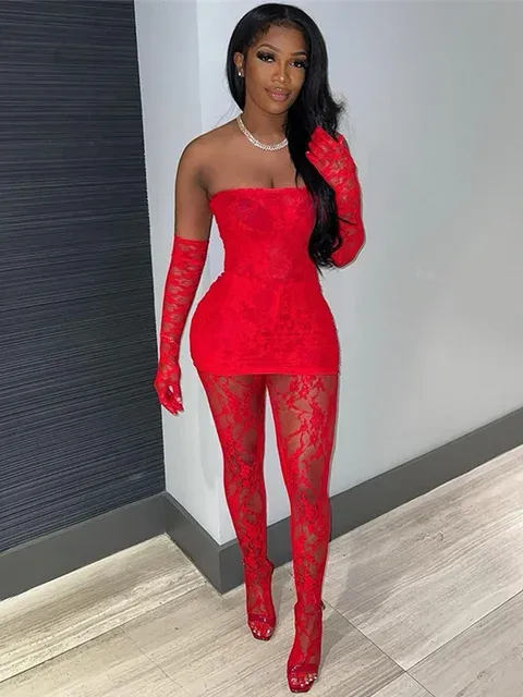 Mesh Strapless Top & Lace Leggings Set