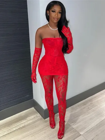 Mesh Strapless Top &  Lace Leggings Set