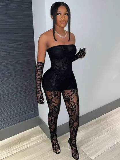 Mesh Strapless Top &  Lace Leggings Set