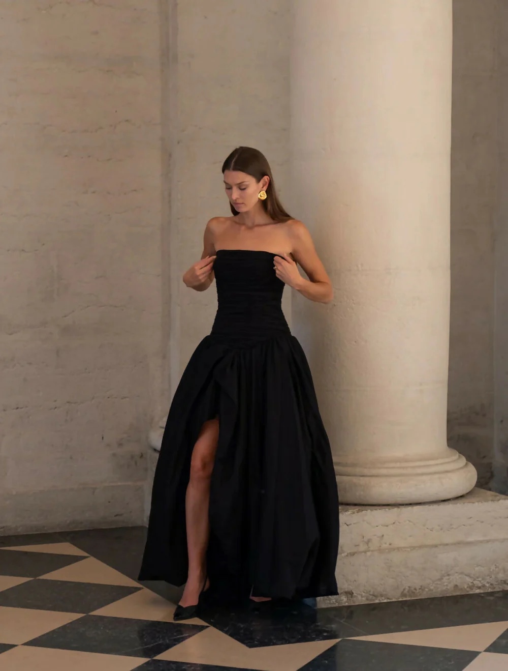 Black Strapless Occasion Elegant Gown Bubble Maxi Dress