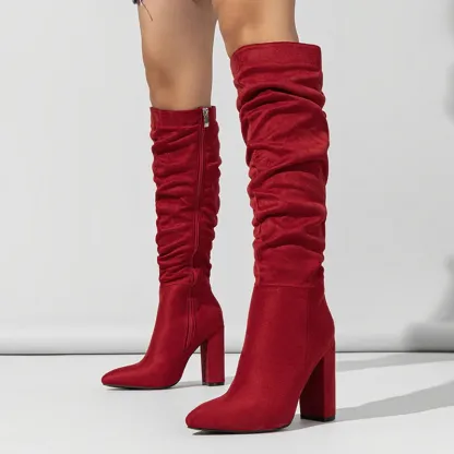 Eilyken Street Style Pleated Pointed Toe Zip Thigh High Boots Female Square Heel Design Over The Knee Women's Shoes
