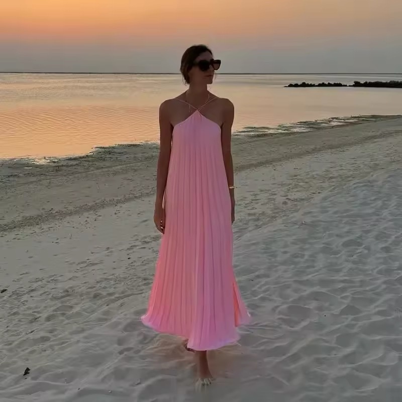 Pleated Halter A Line Summer Vacation Maxi Dress