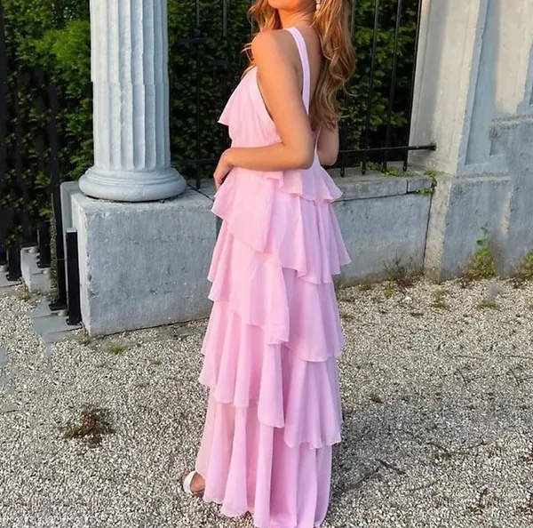 Pink Flower Detail Layered Ruffle Backless Maxi Dress Elegant