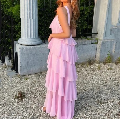 Pink Flower Detail Layered Ruffle Backless Maxi Dress Elegant