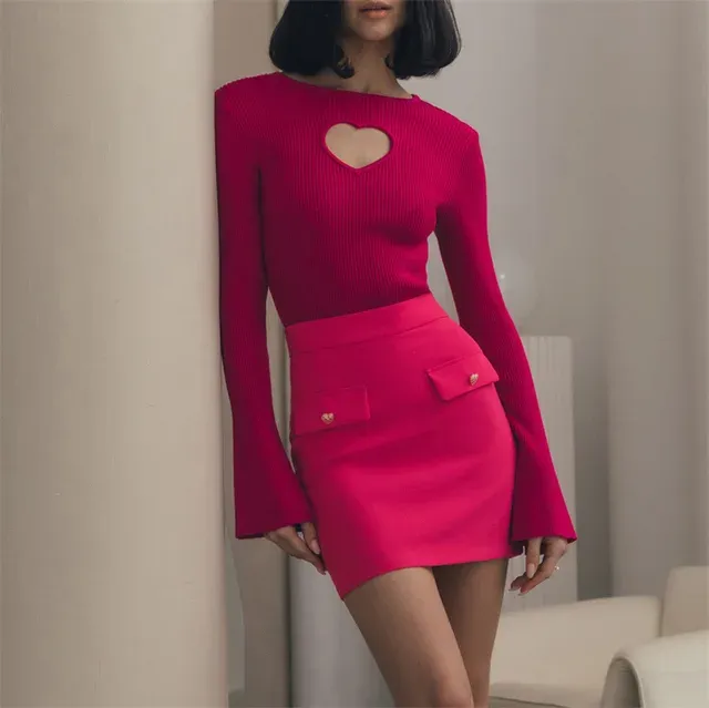 Heart Cut Out Ribbed Long Sleeve Knit Top
