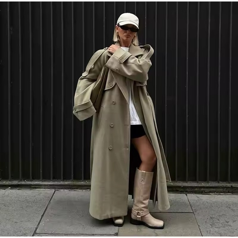Khaki Long Sleeve Turn Collar Belted Coat