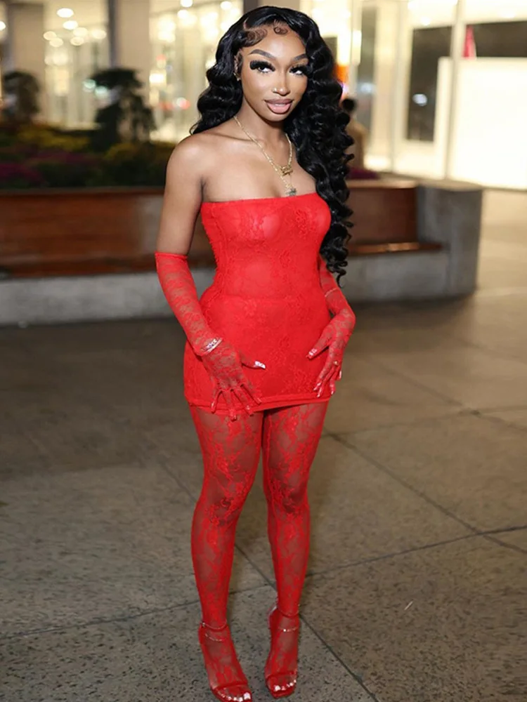 Mesh Strapless Top &  Lace Leggings Set