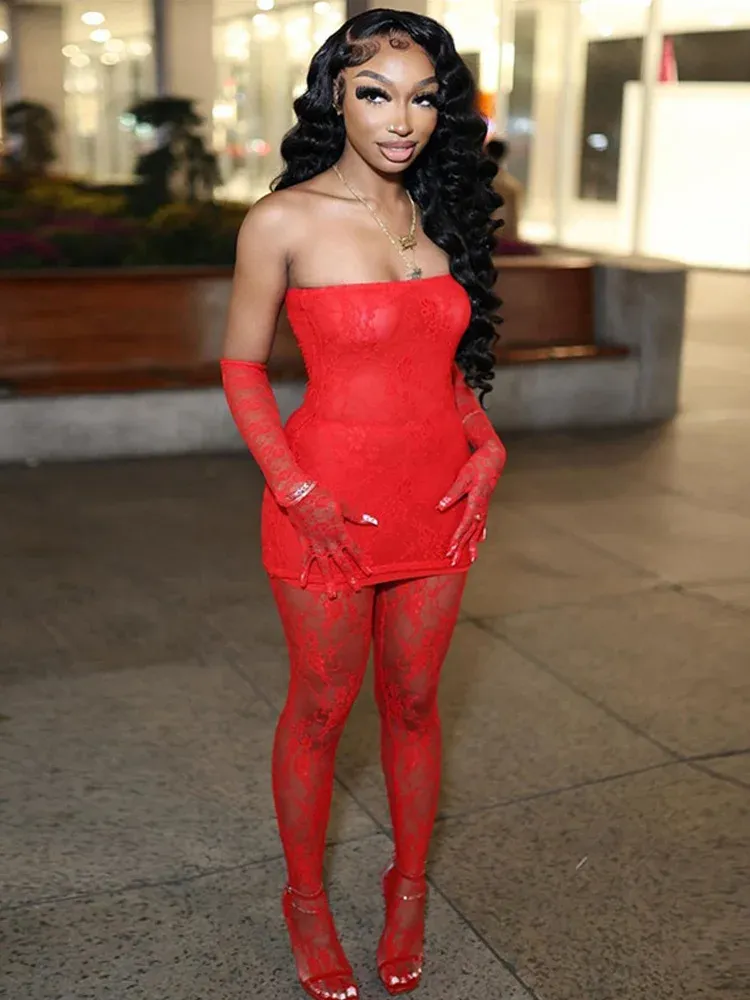 Mesh Strapless Top & Lace Leggings Set