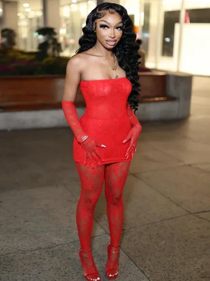 Mesh Strapless Top &  Lace Leggings Set