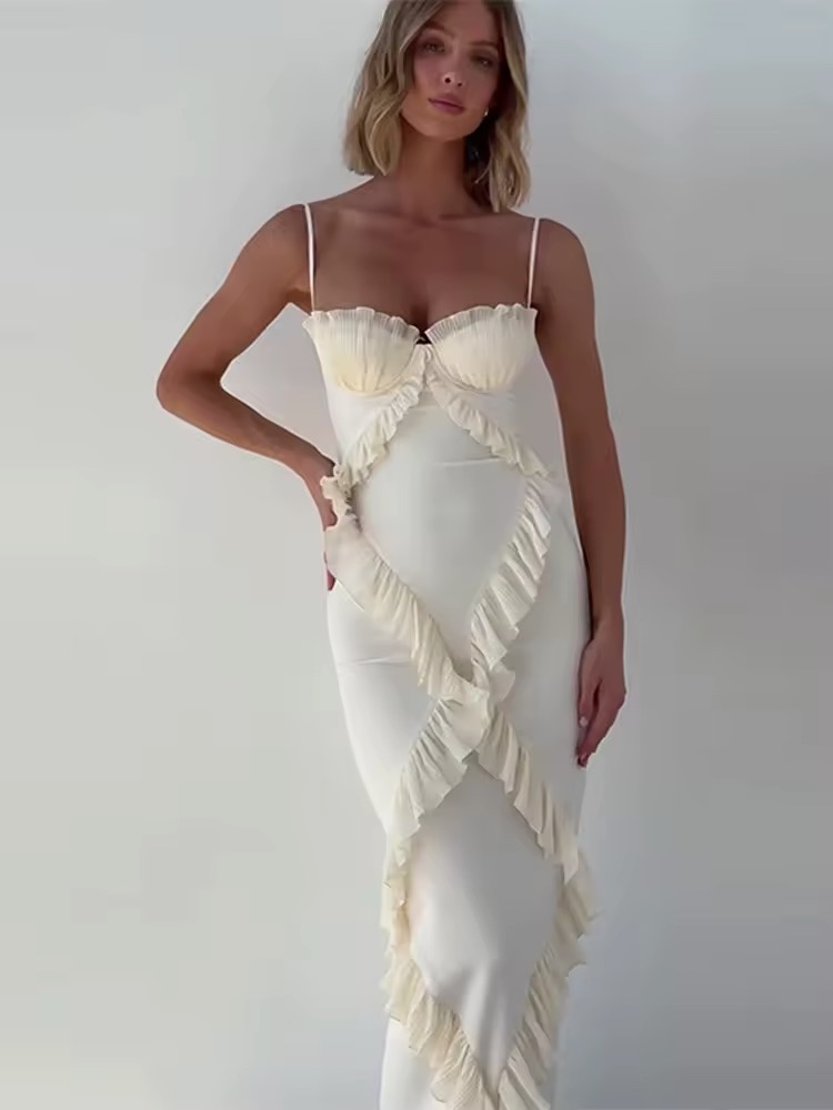 Spaghetti Strap Sleeveless Bodycon Ruffle Maxi Dress