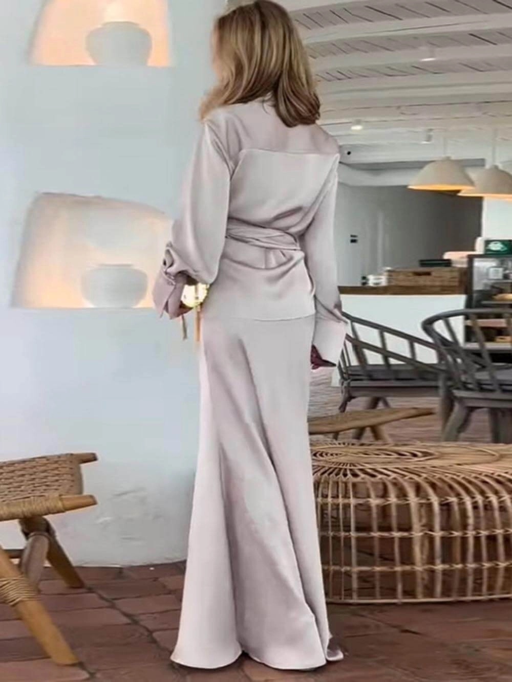 Long Sleeve Silk Satin Maxi Dress