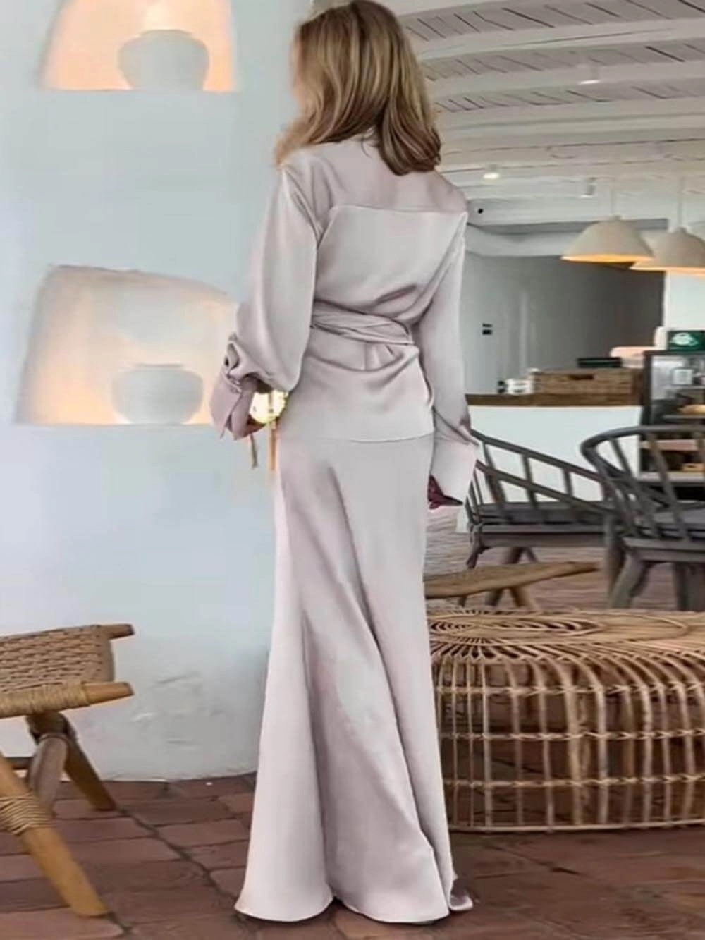 Long Sleeve Silk Satin Maxi Dress