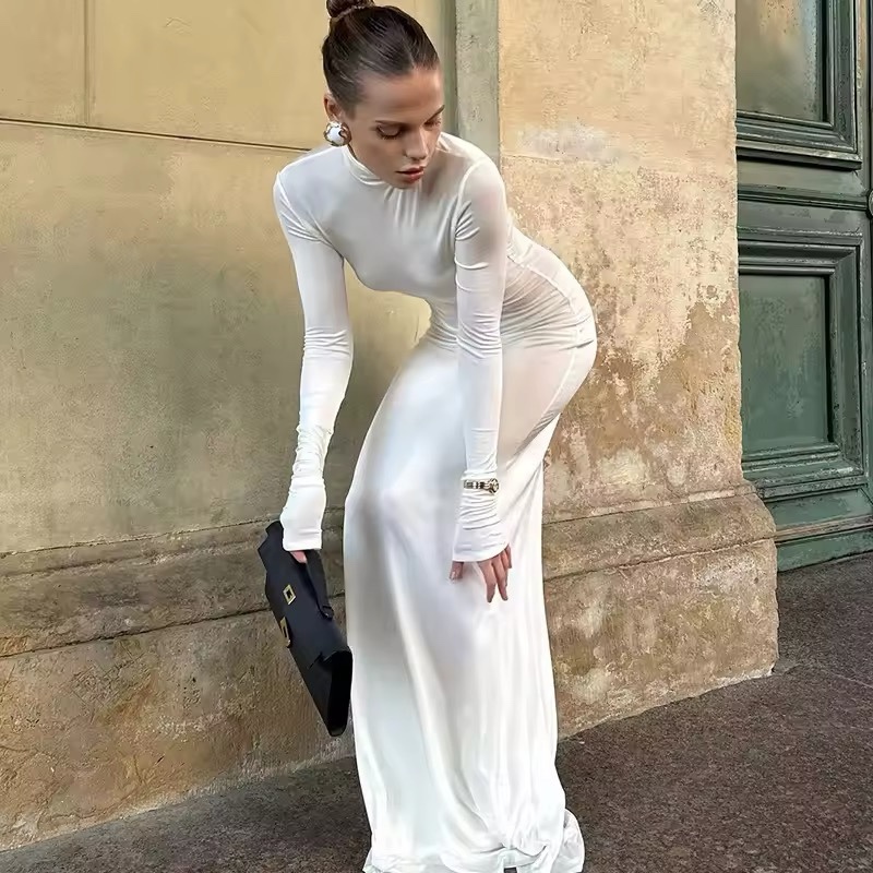 White Turtleneck Long Sleeve Bodycon Maxi Dress