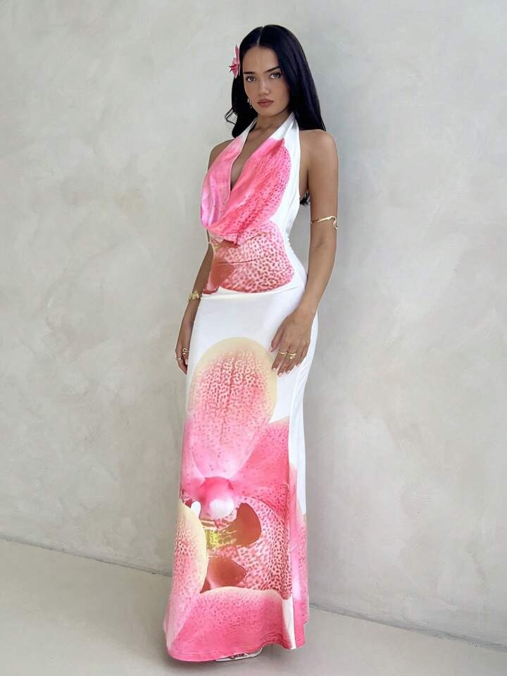 Floral Pink Print Halter Scoop Neck Summer Vacation Maxi Dress