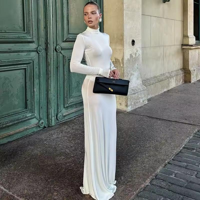 White Turtleneck Long Sleeve Bodycon Maxi Dress