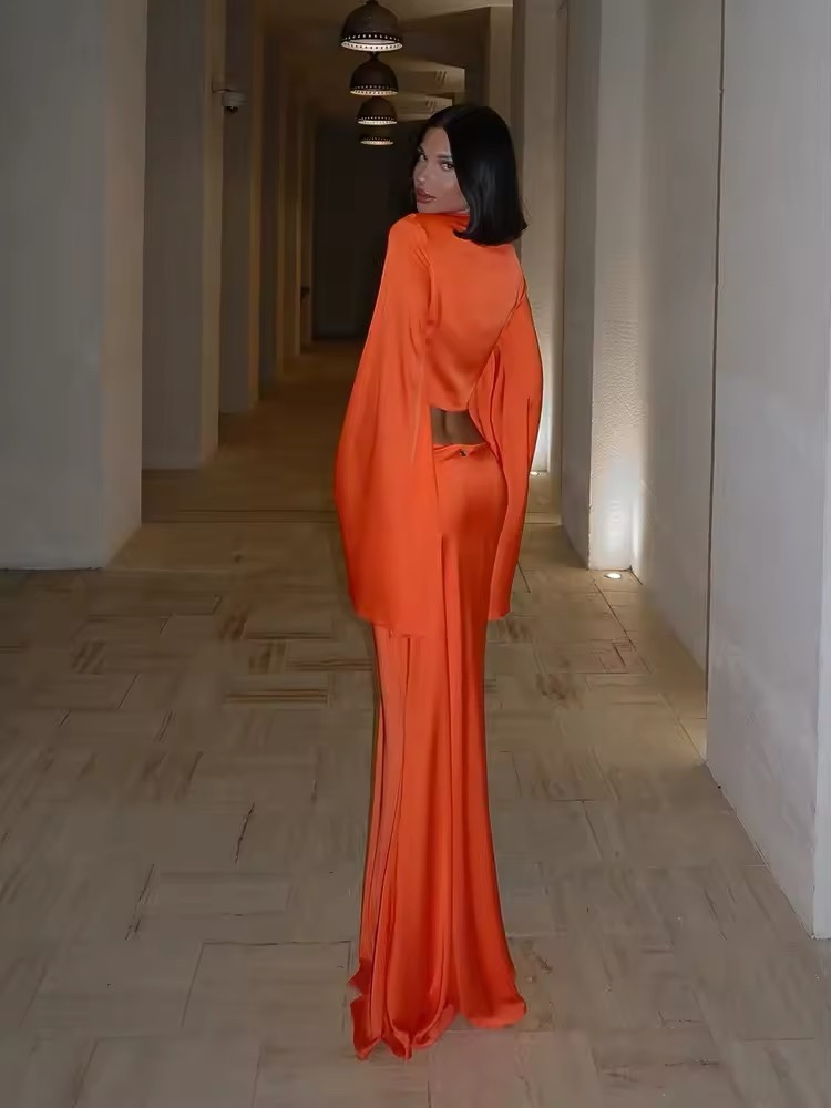 Orange Silk Long Sleeve Crop Top & Maxi Skirt Set