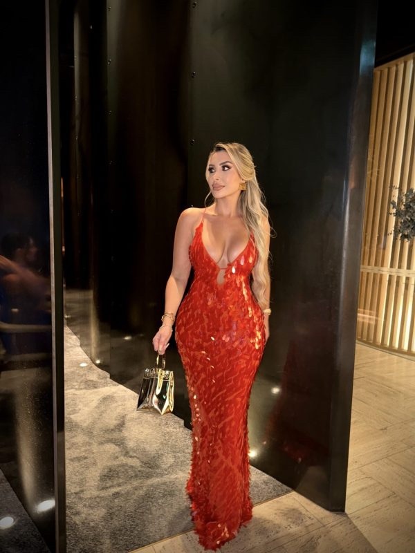 Red Sequin Mermaid V Neck Maxi Dress