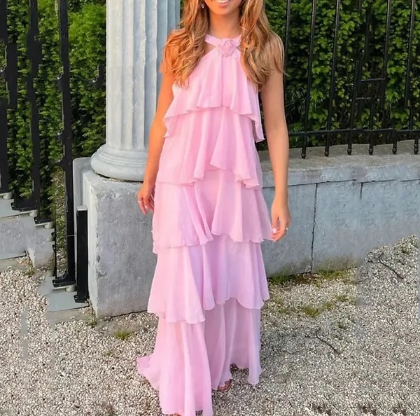 Pink Flower Detail Layered Ruffle Backless Maxi Dress Elegant
