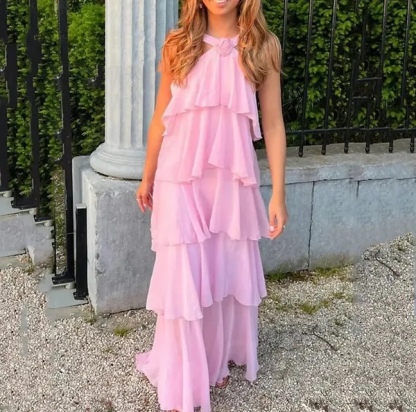 Pink Flower Detail Layered Ruffle Backless Maxi Dress Elegant