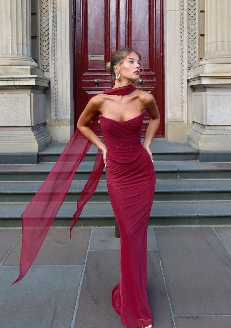 Burgundy Strapless Bodycon Long Elegant Maxi Dress