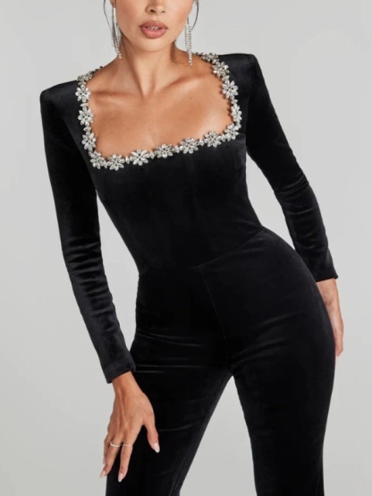 Diamond Hem Rhinestone Bodycon Jumpsuit