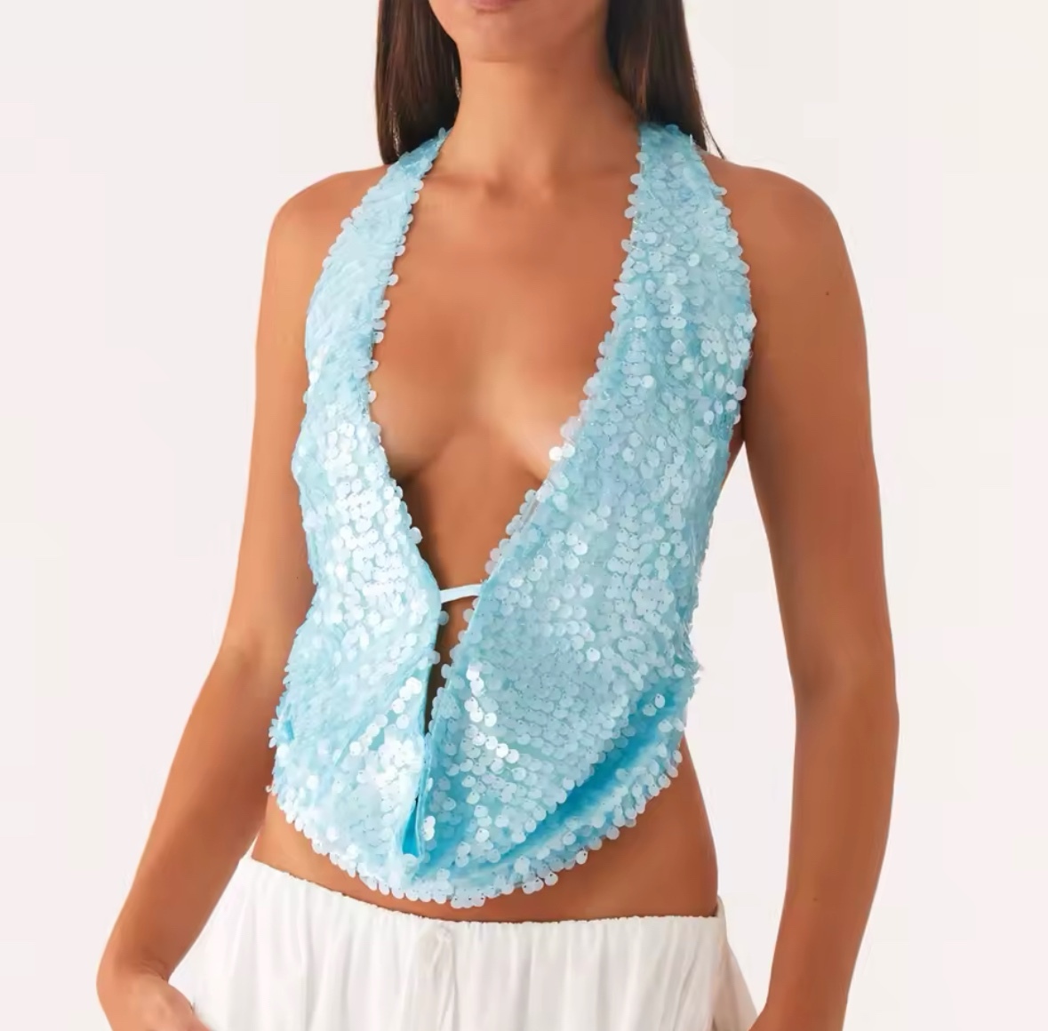 Scoop Neck Halter Sequin Summer Crop Top