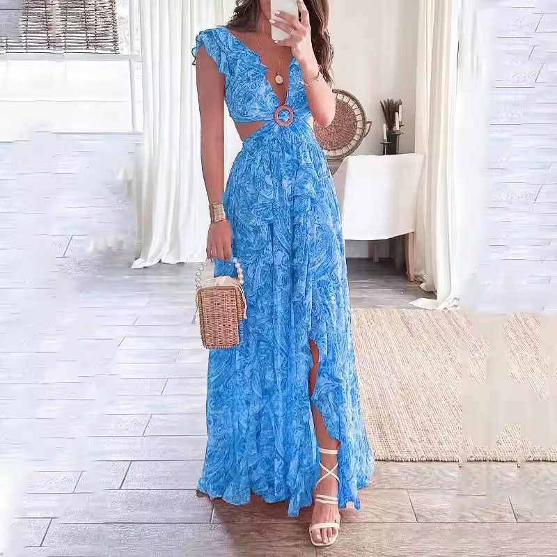 Blue Printed Sleeveless Summer Vacation Maxi Dress