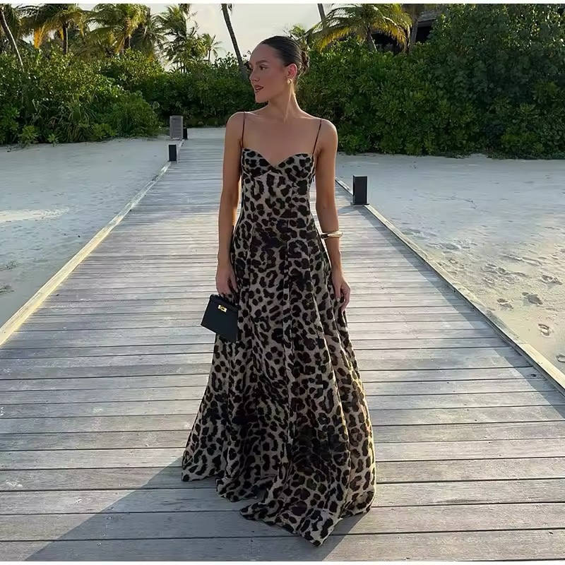 Leopard Print Sleeveless Summer Holiday Vacation Maxi Dress