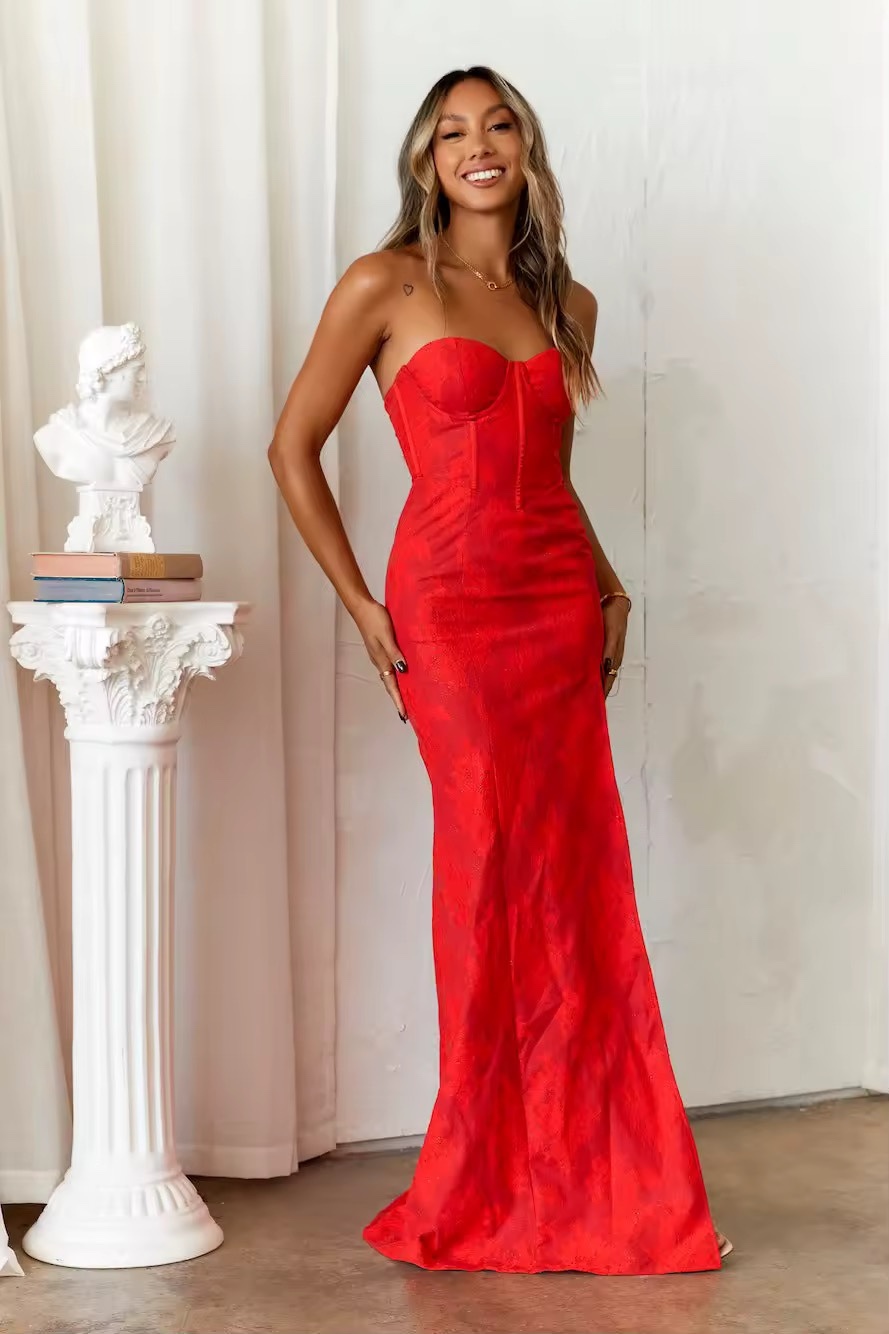 Red Strapless Bodycon Occasion High Spilt Maxi Dress