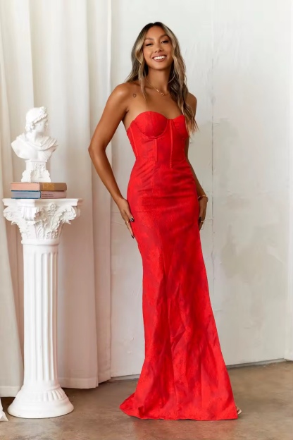 Red Strapless Bodycon Occasion High Spilt Maxi Dress