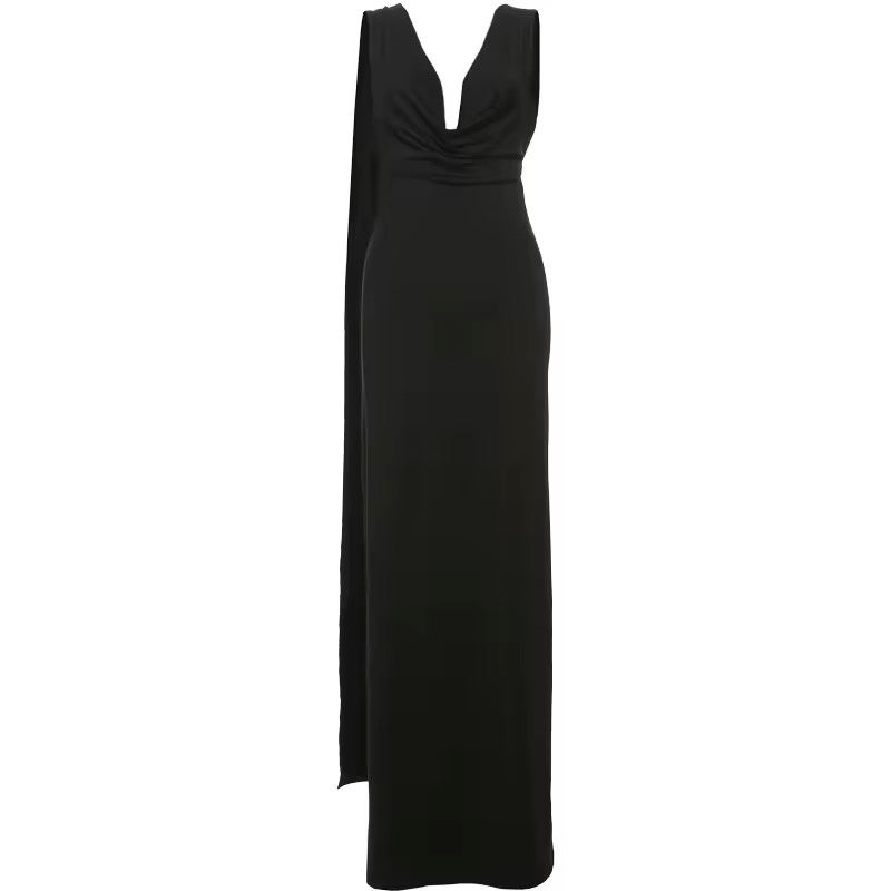 Black Open Back Draping Sleeve Occasionally Backless Maxi Dress